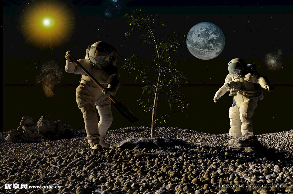 宇航员在异星植树场景