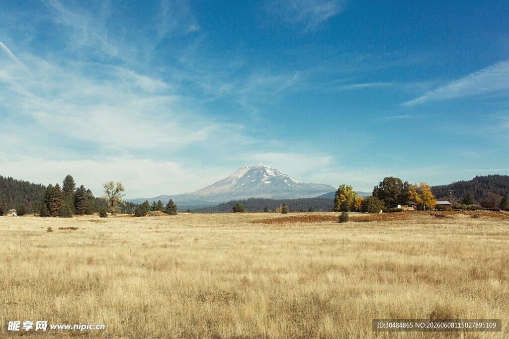 广袤田野与远处雪山风光