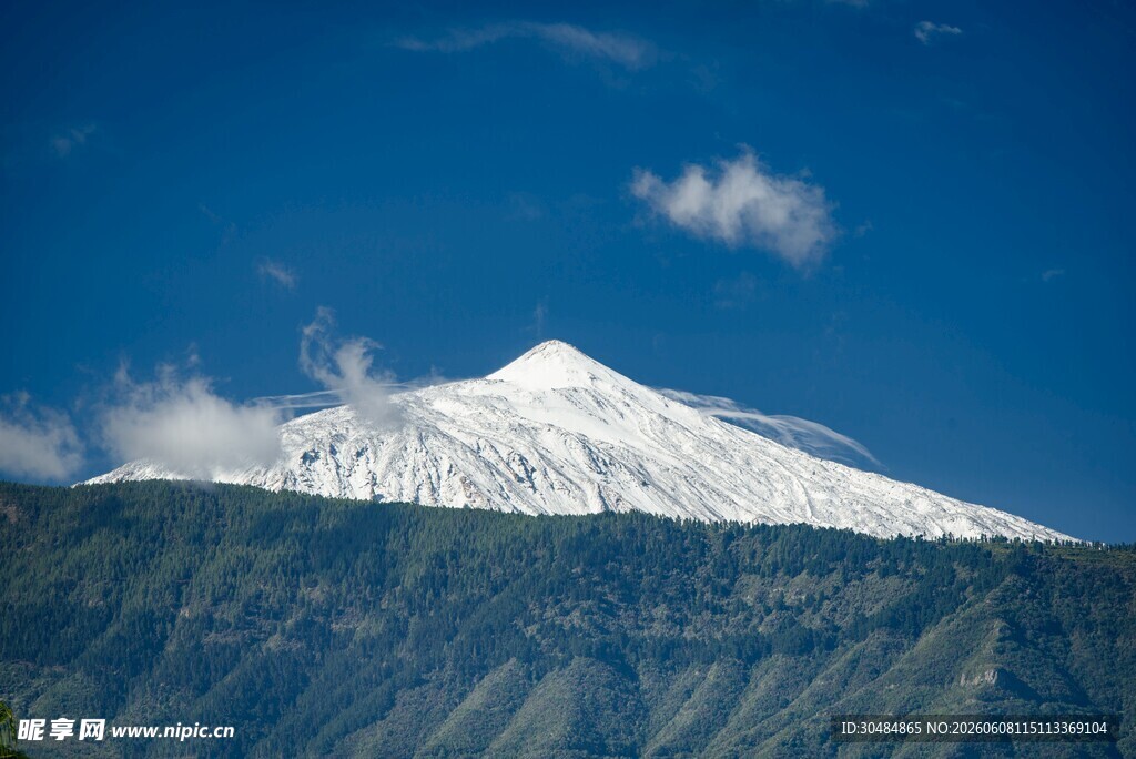 巍峨雪山下的葱郁山林