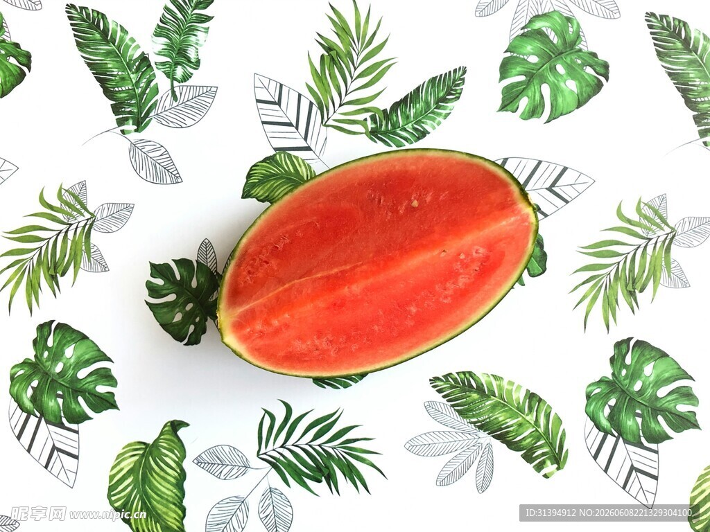 西瓜与热带叶片清新组合