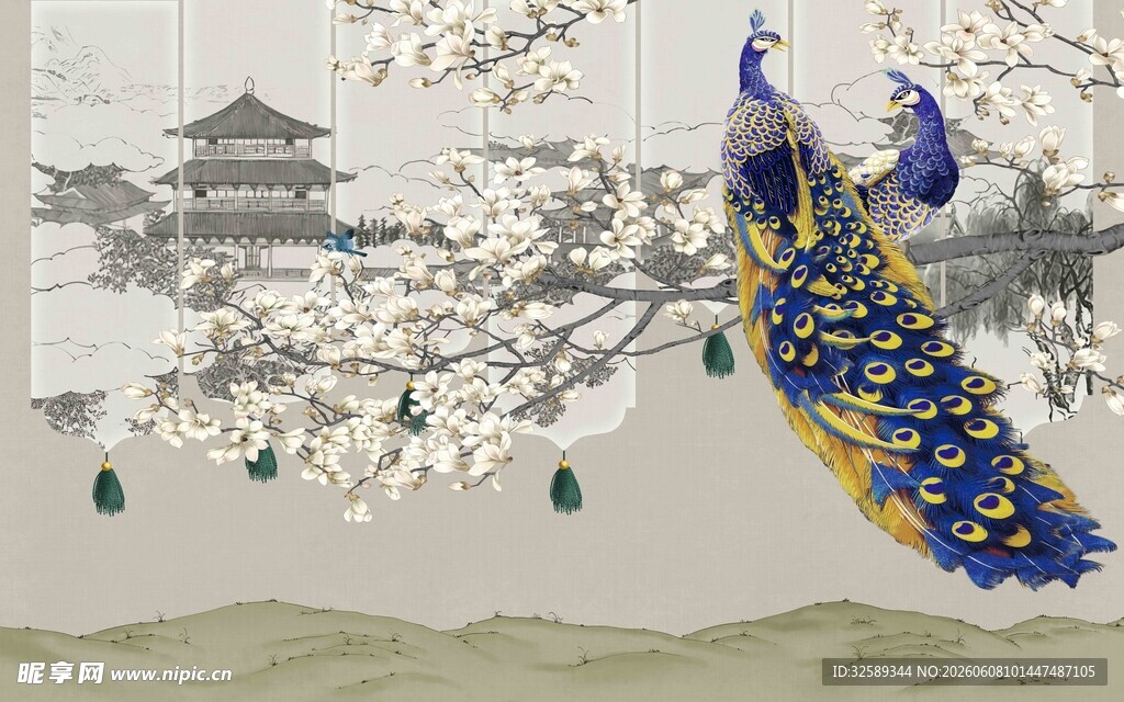 中式古风孔雀与繁花图景