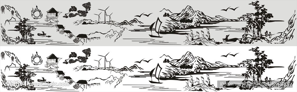 乡野村居山水图