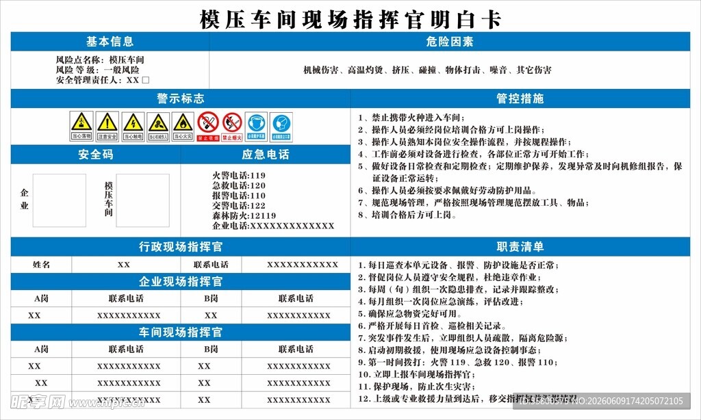 模压车间现场指挥官明白卡