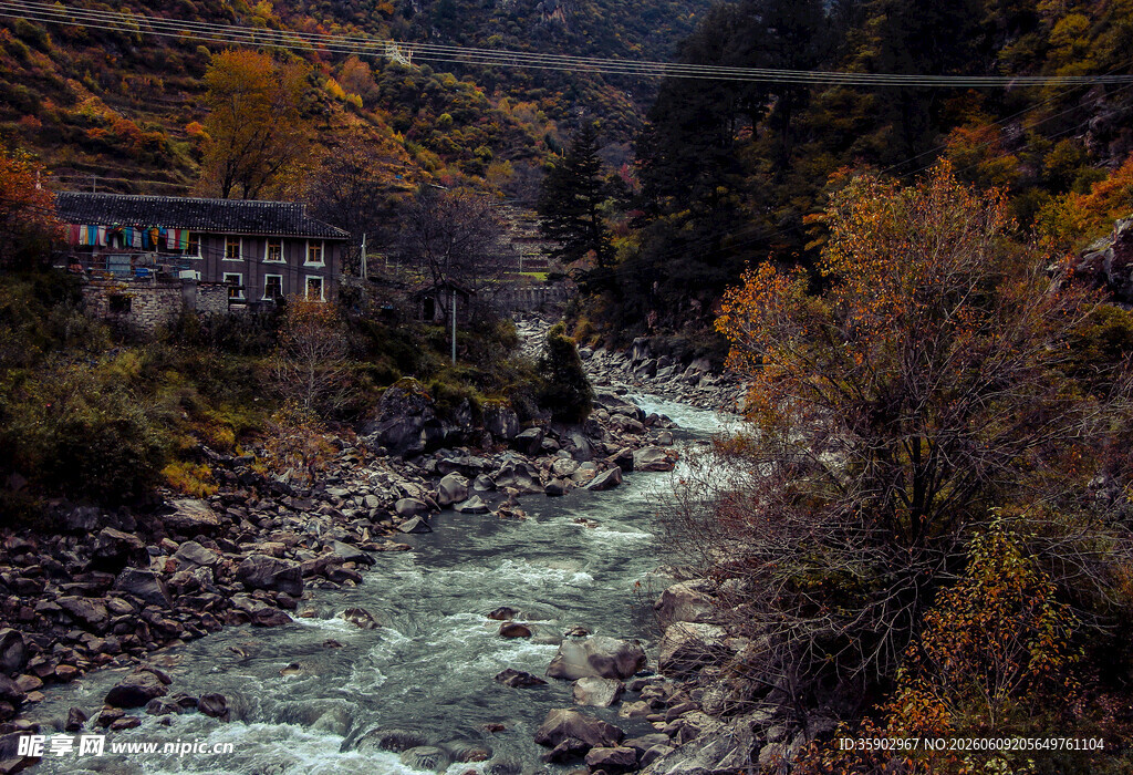 山间溪流秋色美景