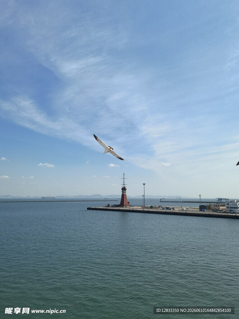 海边码头与空中飞翔风筝