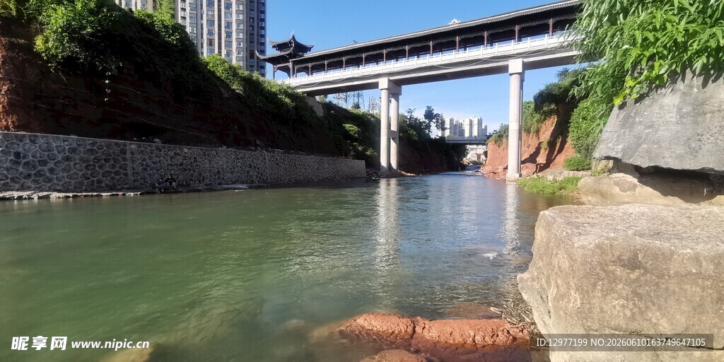 城市河流上的高架桥景观