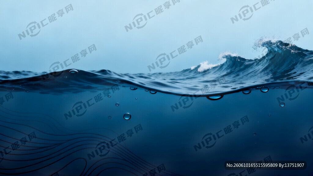 渐变深海蓝底 点缀海浪