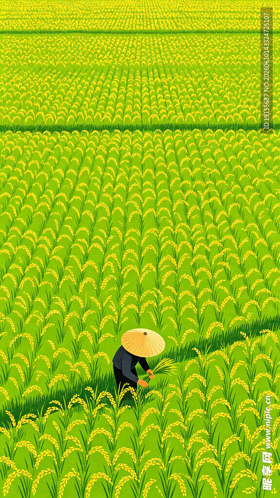 稻田中劳作的戴斗笠农人