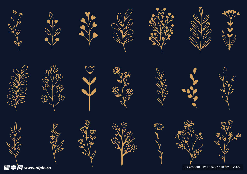 手绘金色植物叶子插画