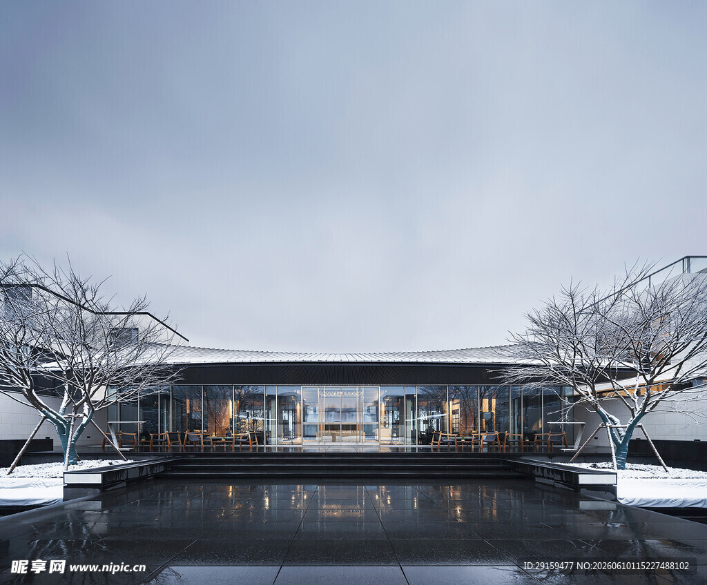 雪后中式建筑景观
