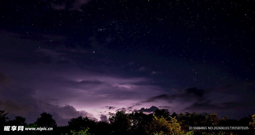 夜空下的闪电与树林