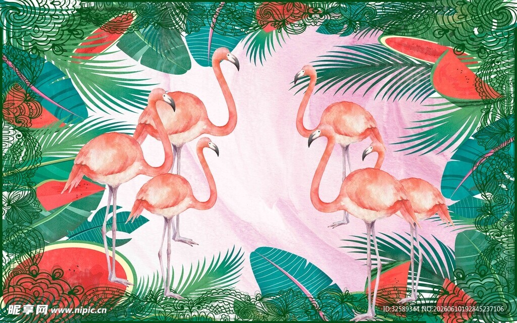 火烈鸟与热带植物插画