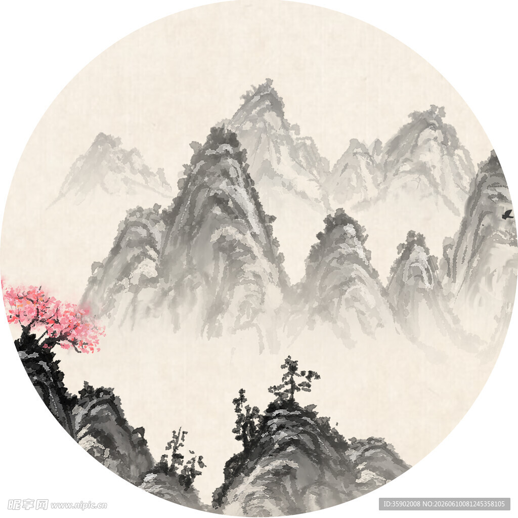 水墨山水间的烂漫花枝