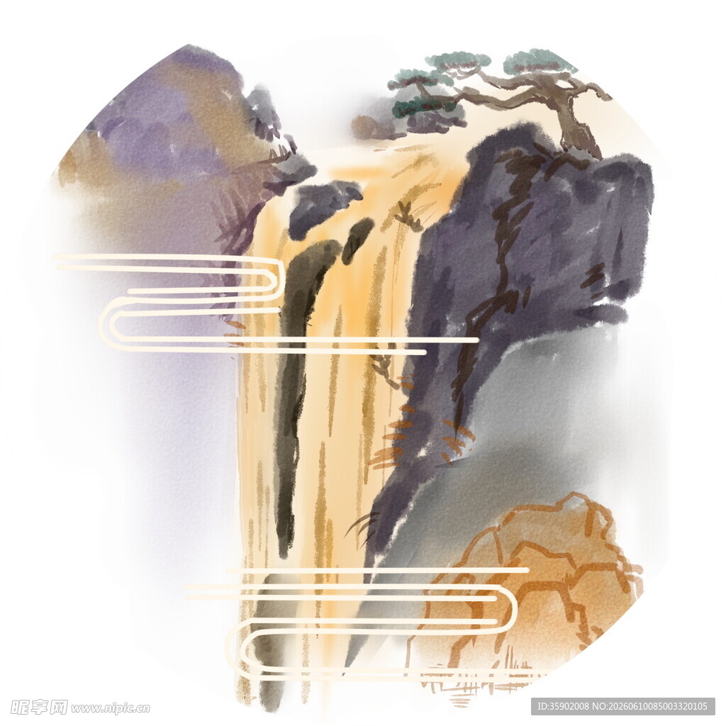中式山水瀑布插画