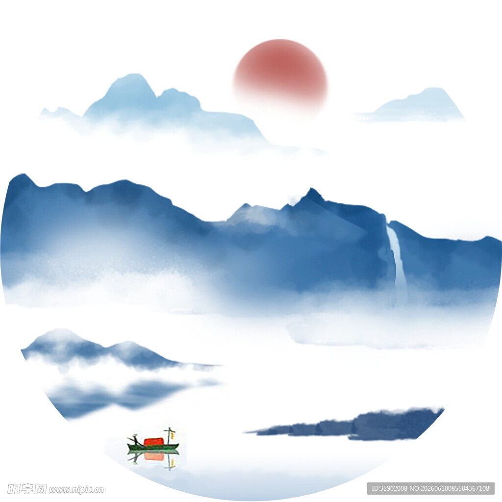 水墨山水间的孤舟红日