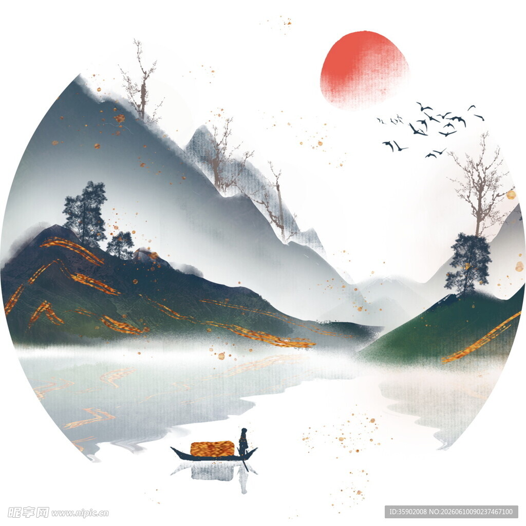 水墨山水间的孤舟意境