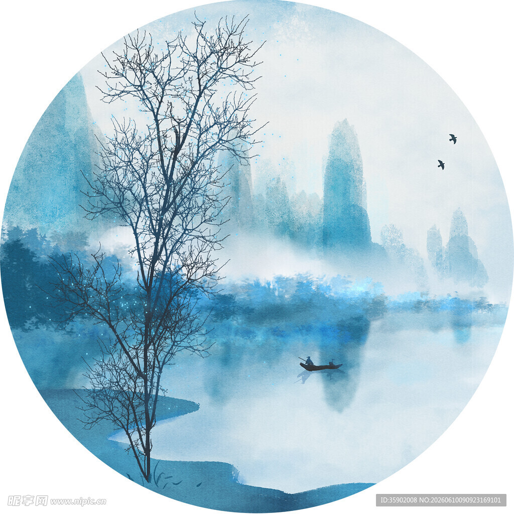 水墨湖景孤舟图