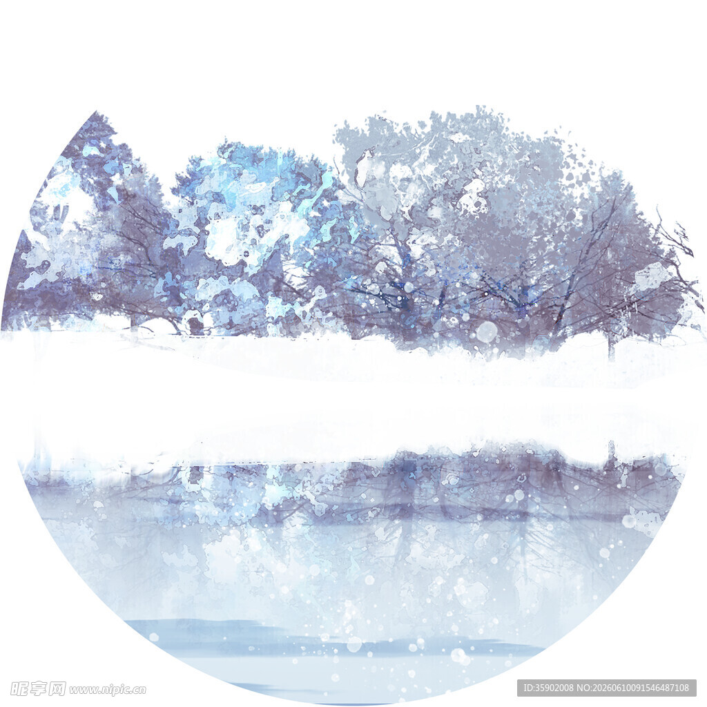 冬日湖畔雪景水彩画