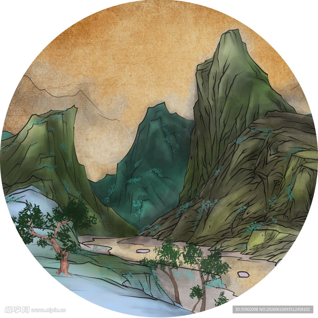 圆形山水国画风景图