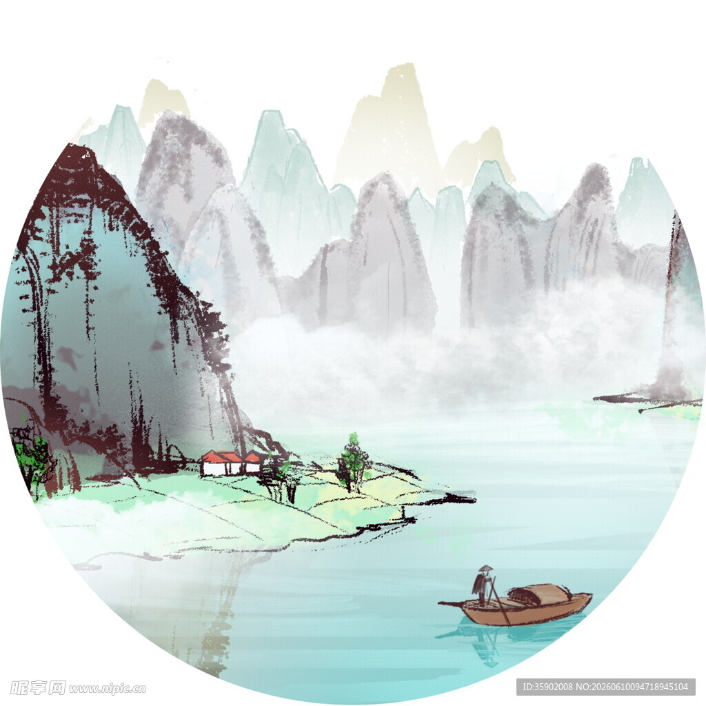 水墨山水间的孤舟美景