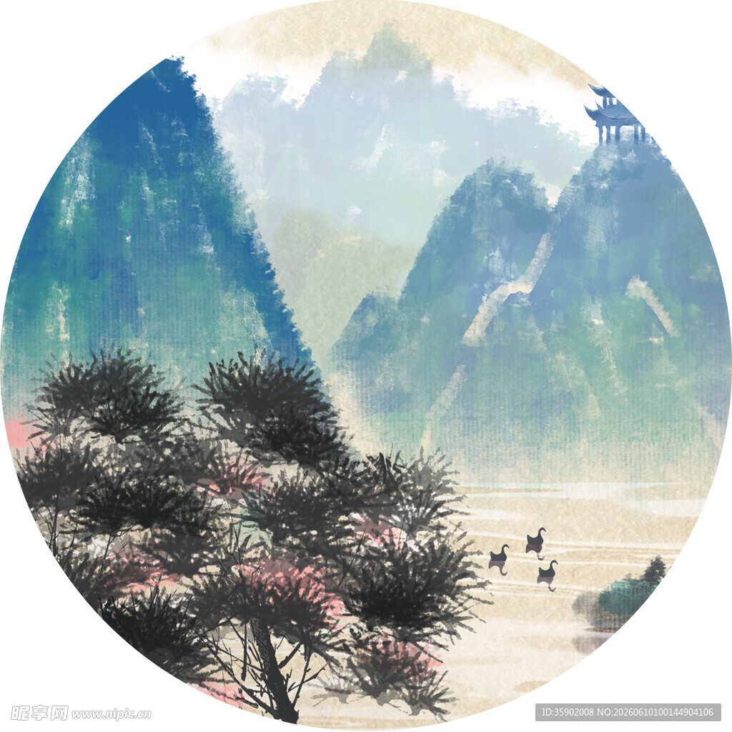 圆形山水间的烂漫景致