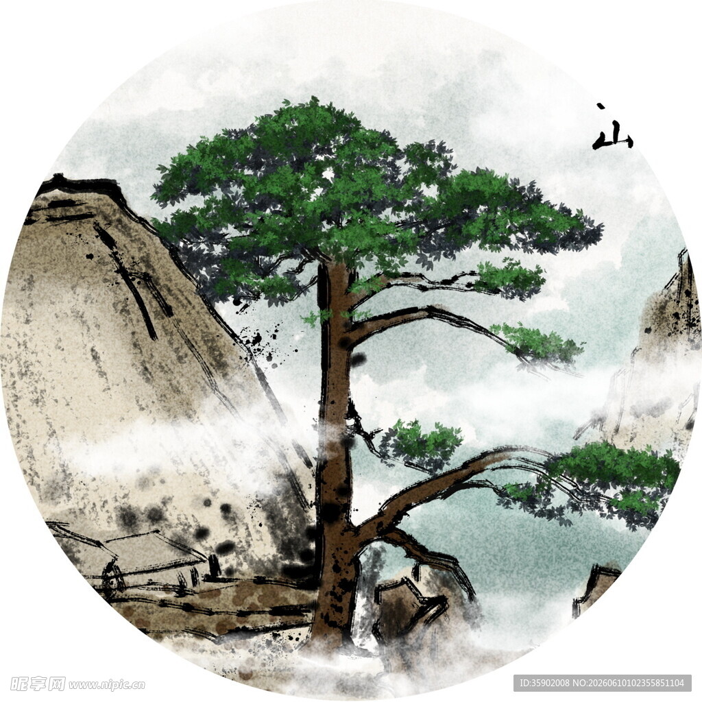 水墨黄山迎客松图景