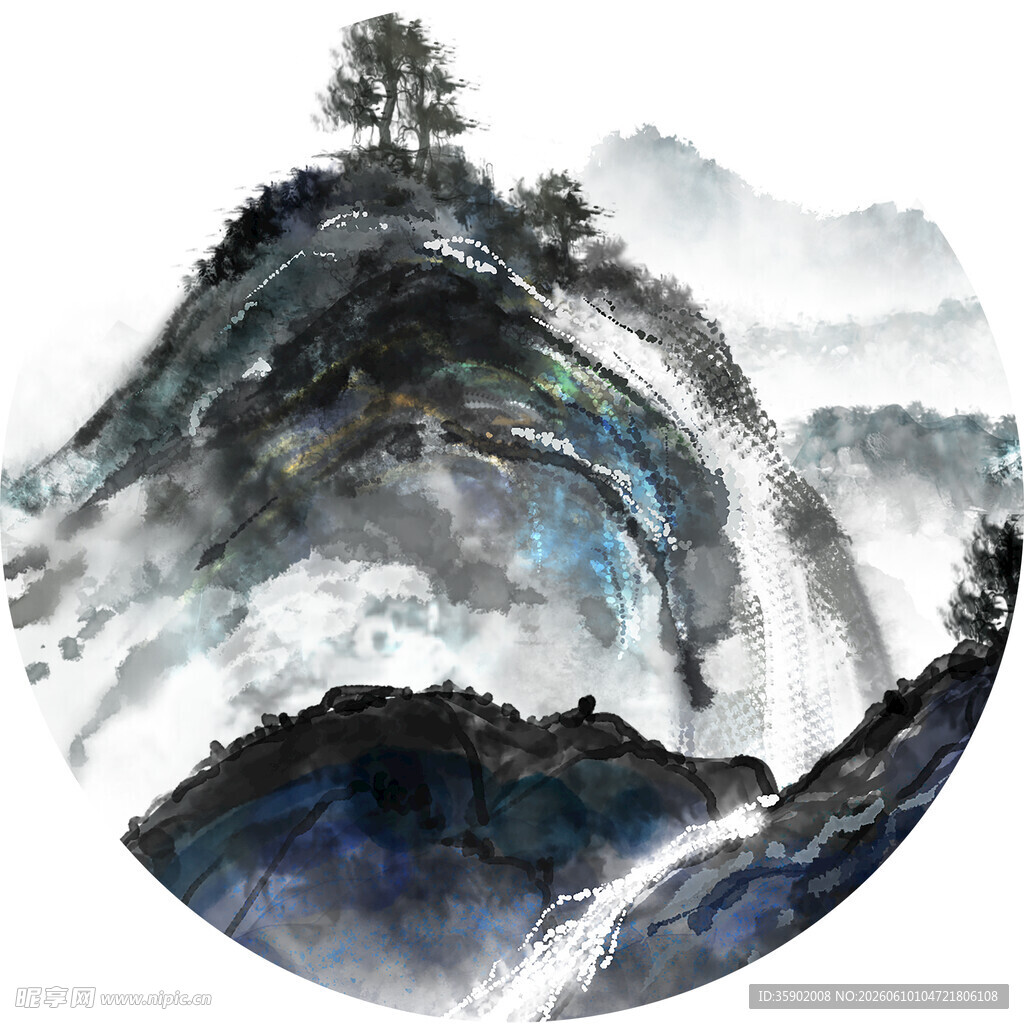 水墨山水间的孤树景致