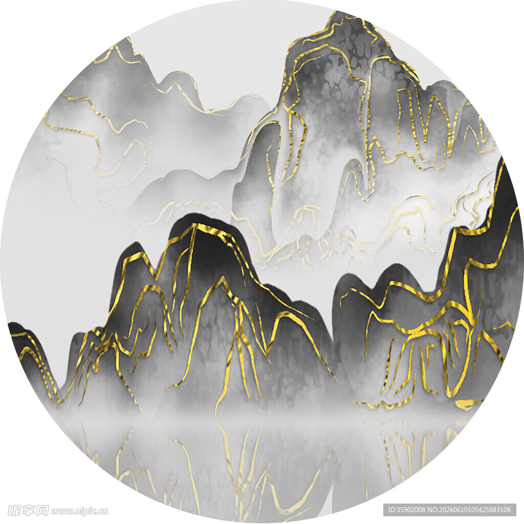 水墨金纹山水圆形画作