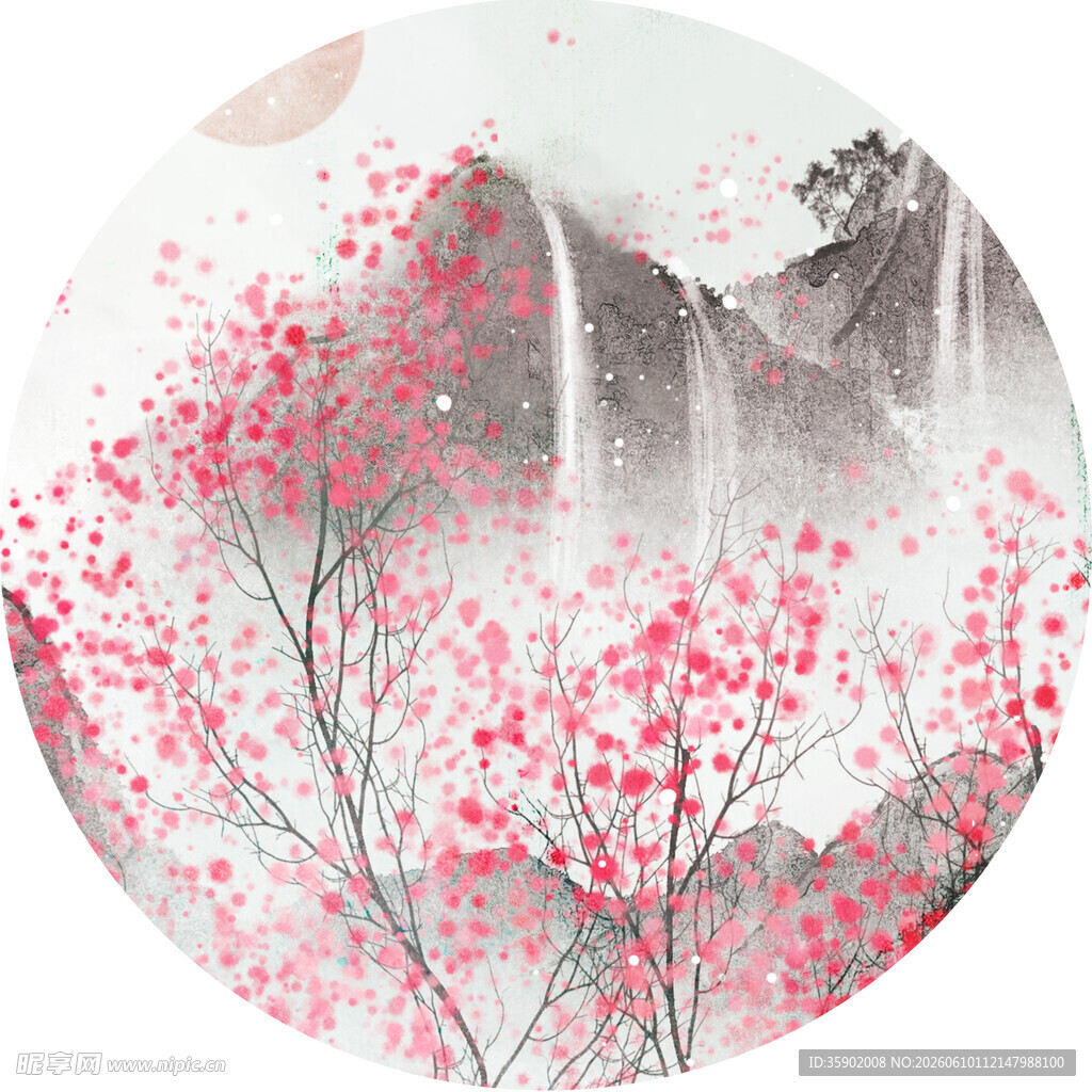 水墨樱花山水圆形插画