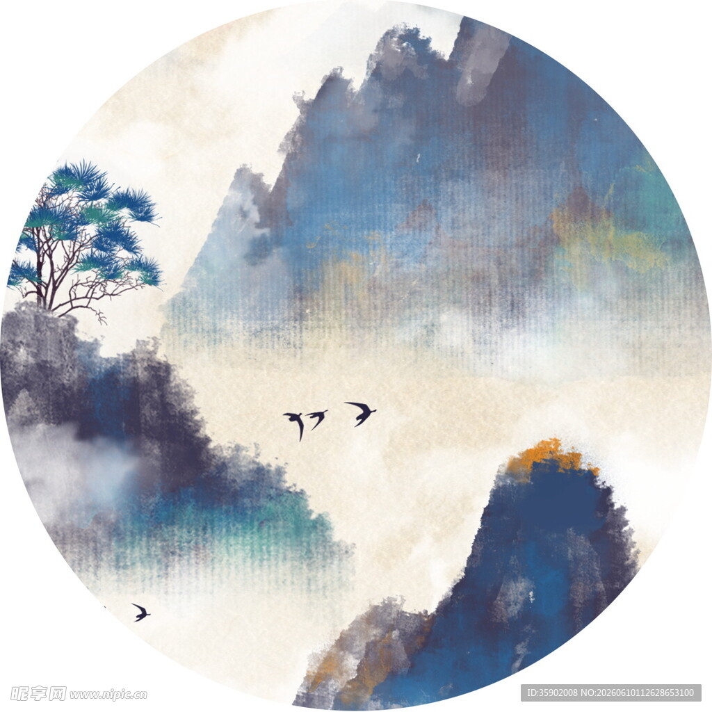 水墨山水间飞鸟意境图