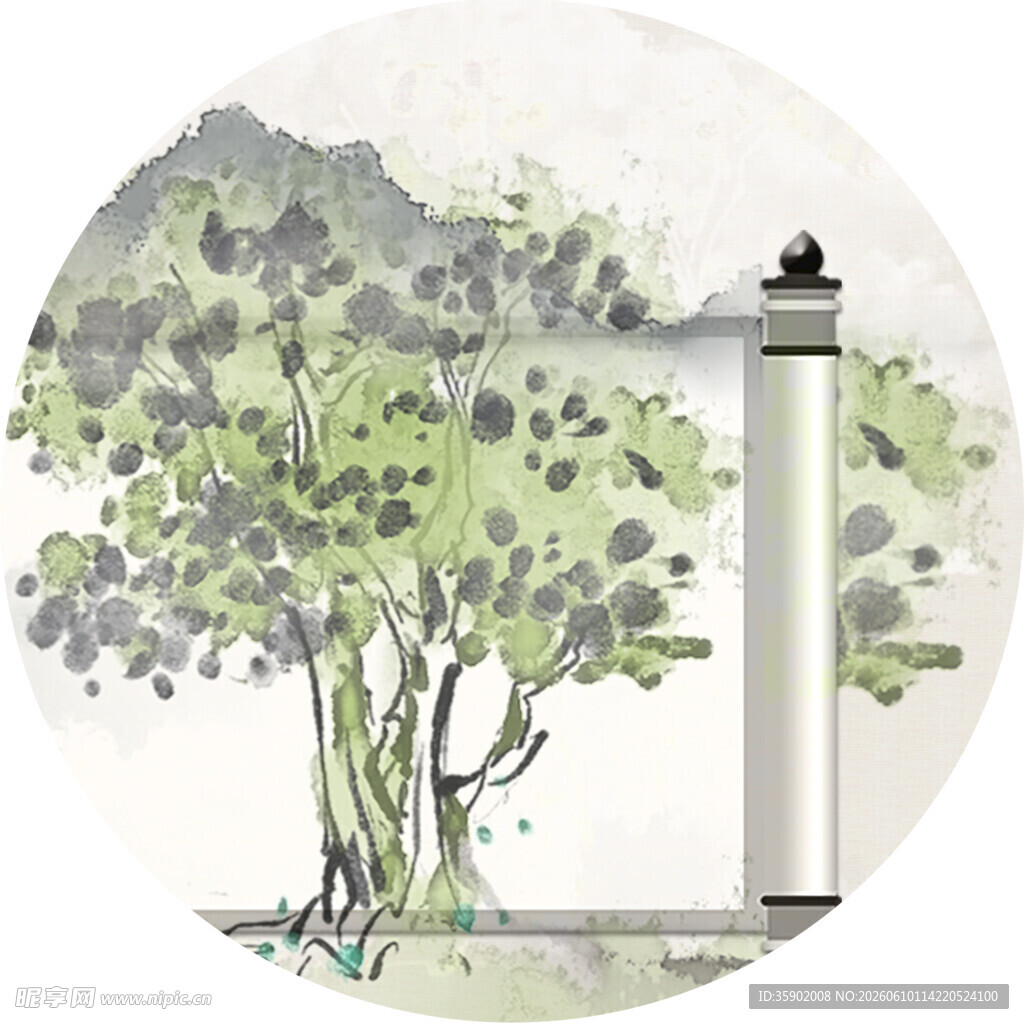 水墨风庭院绿树景观图