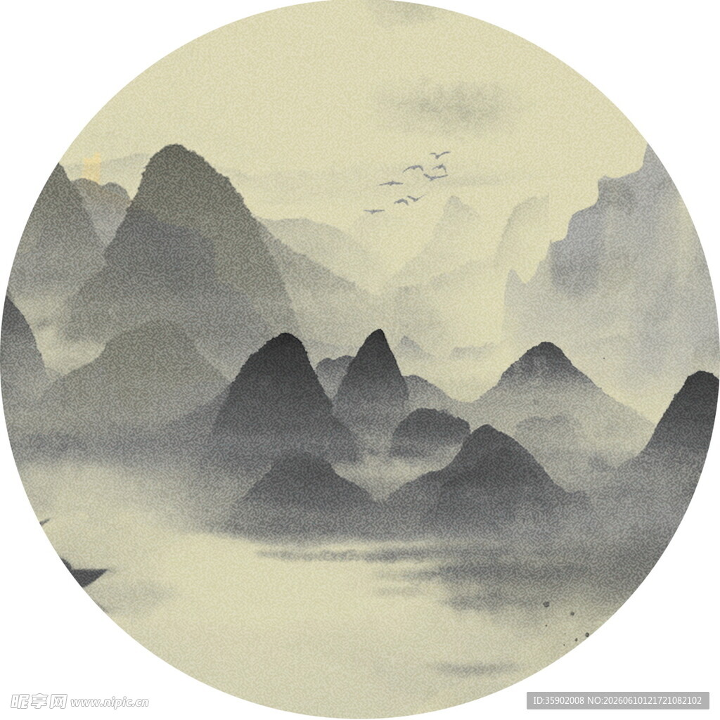 水墨山水圆形画作意境美