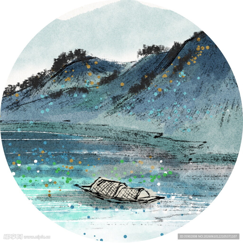 水墨山水间的孤舟