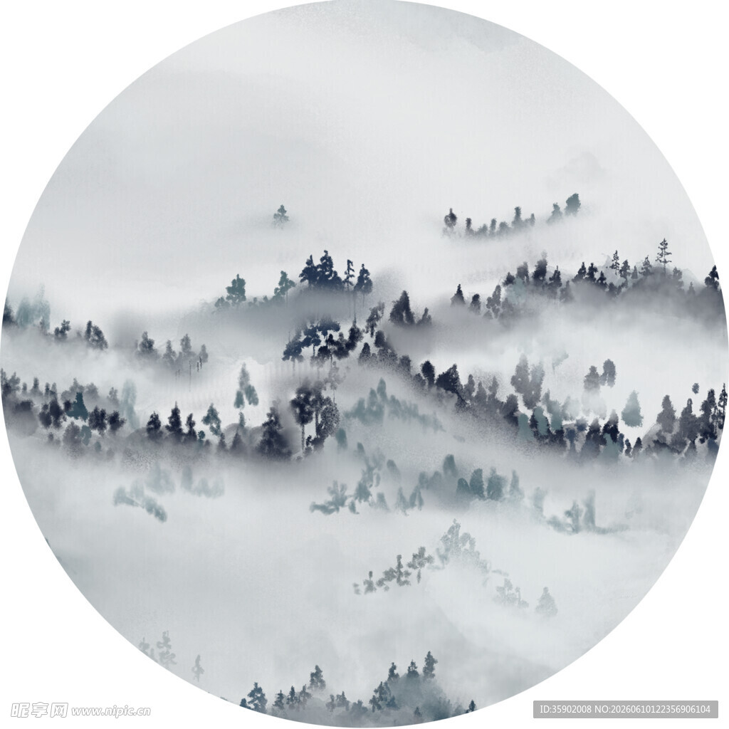 水墨山水圆形画作意境美
