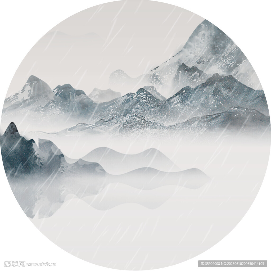水墨山水圆形意境图