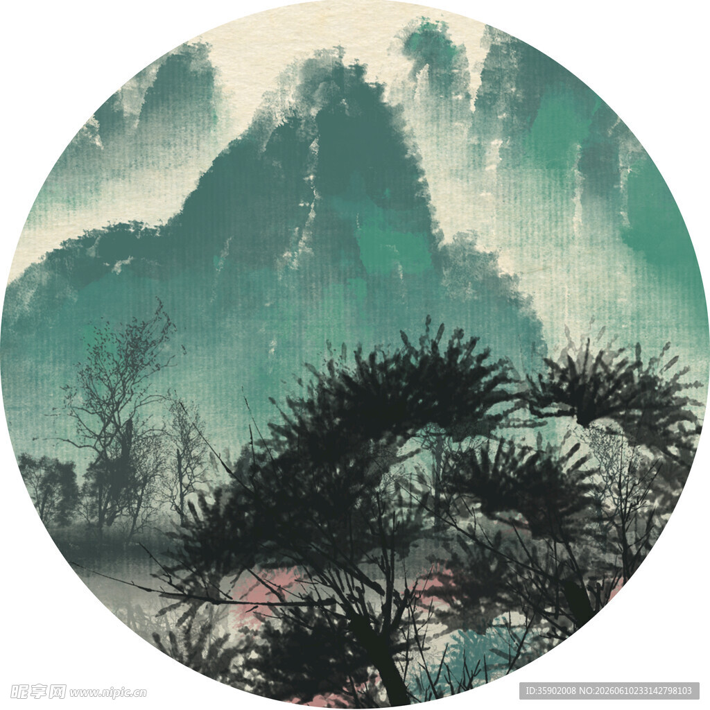 圆形山水墨韵松树图景