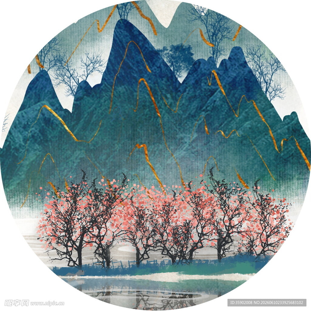 水墨山水间的烂漫桃花