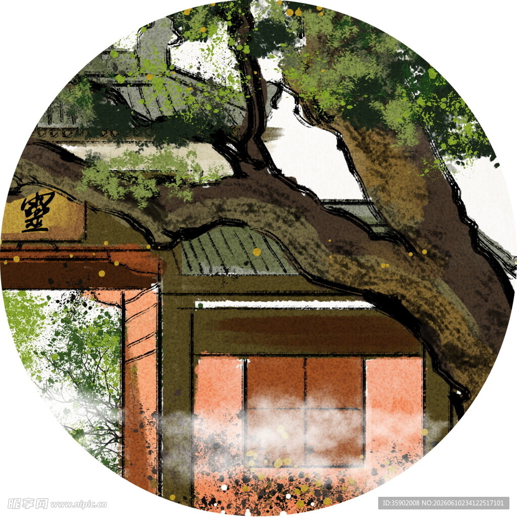 古树下的中式小屋