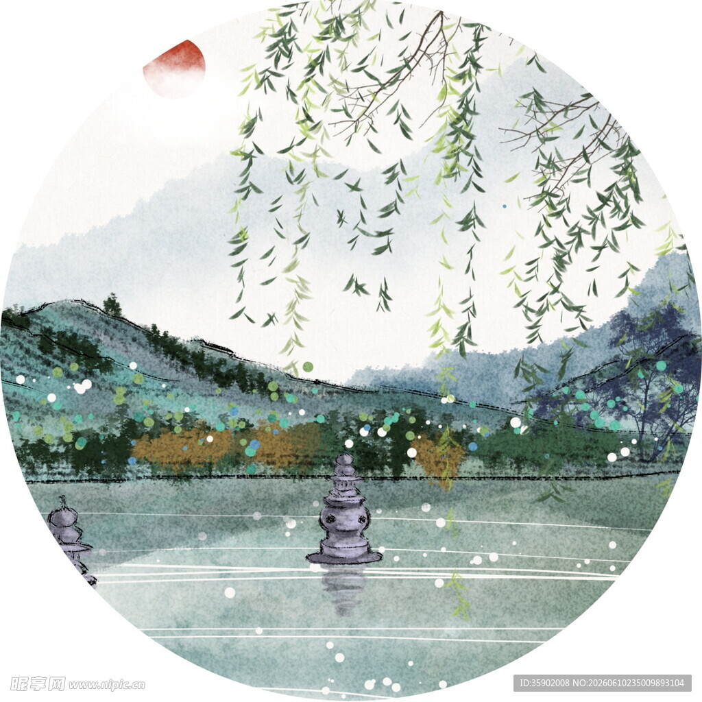 水墨湖畔垂柳景致