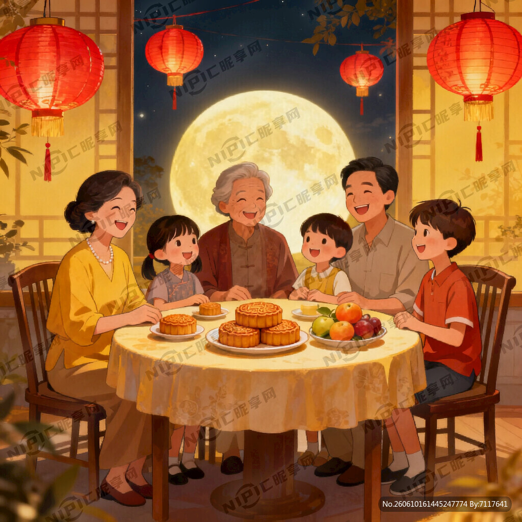 中秋围坐团圆人物