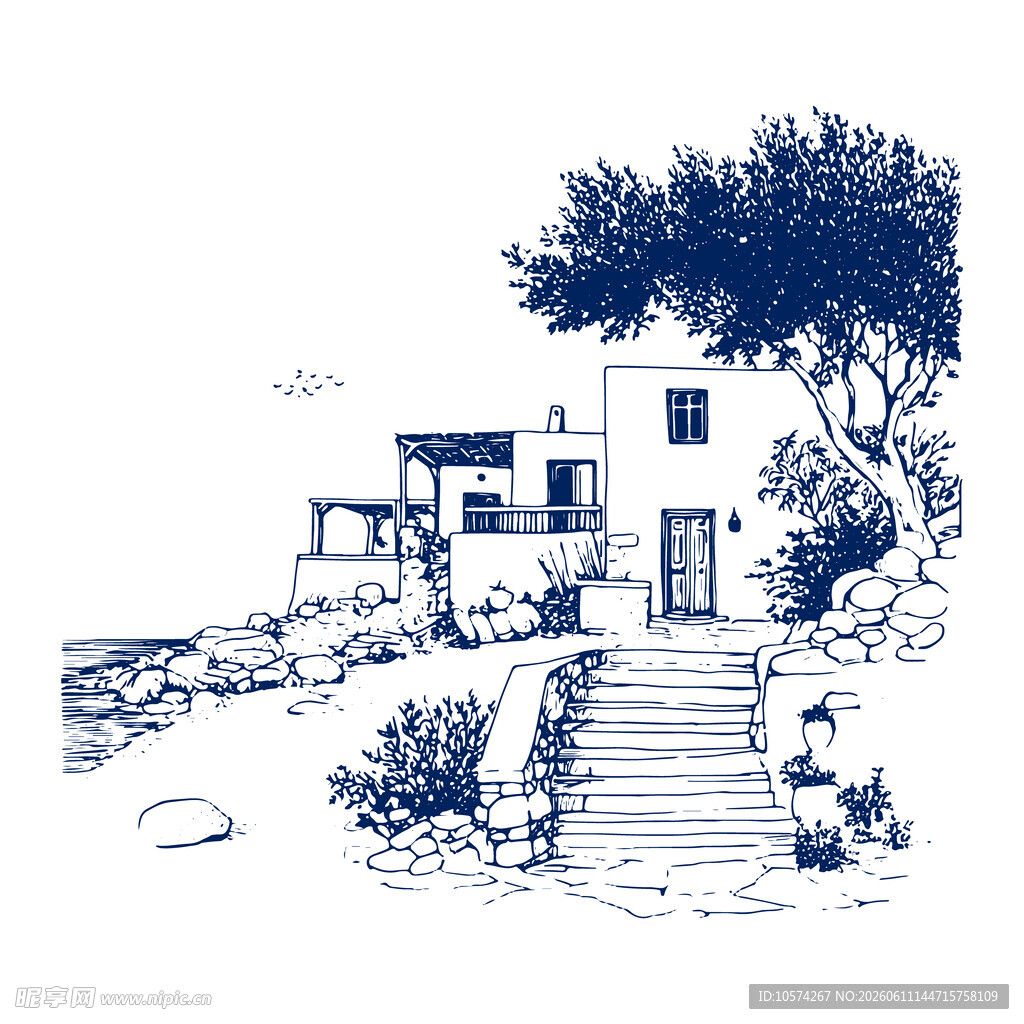 乡村小屋风景素描