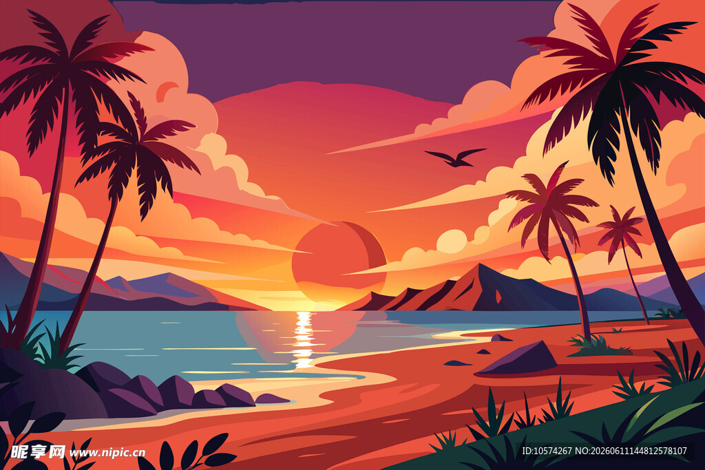 夕阳下的热带海边美景