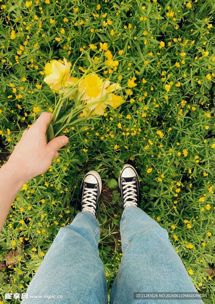 手持黄花站于绿草地