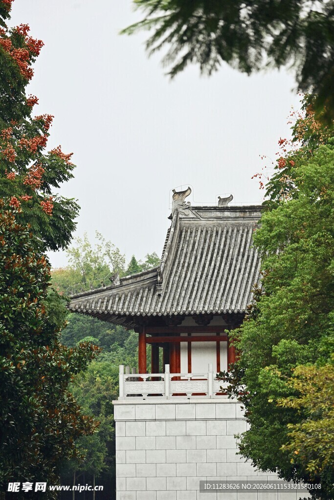 中式古建隐于葱郁林木间
