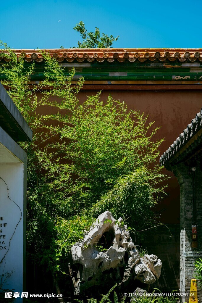 中式庭院绿植与假山景致