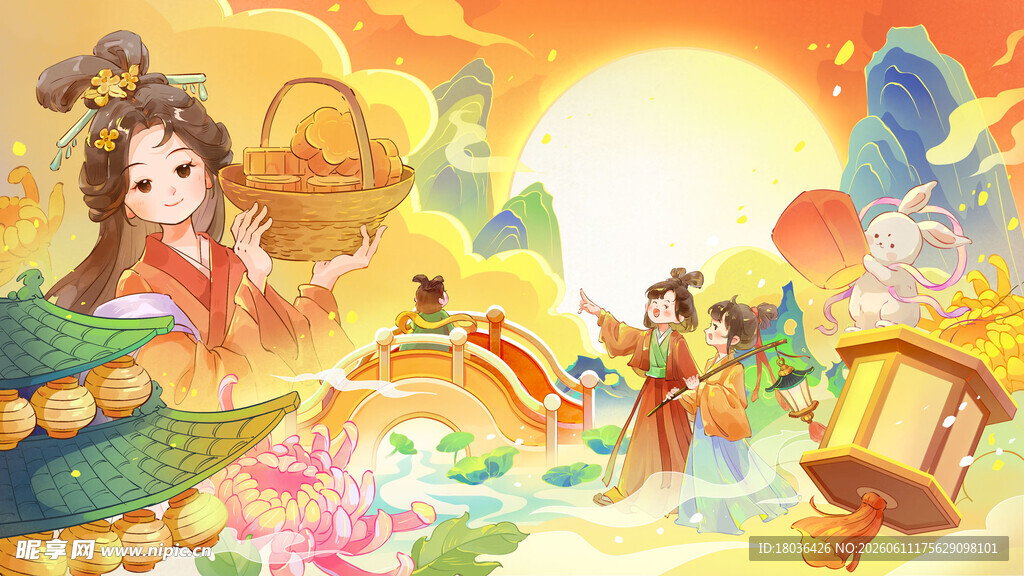 中秋传统国潮氛围场景手绘插画