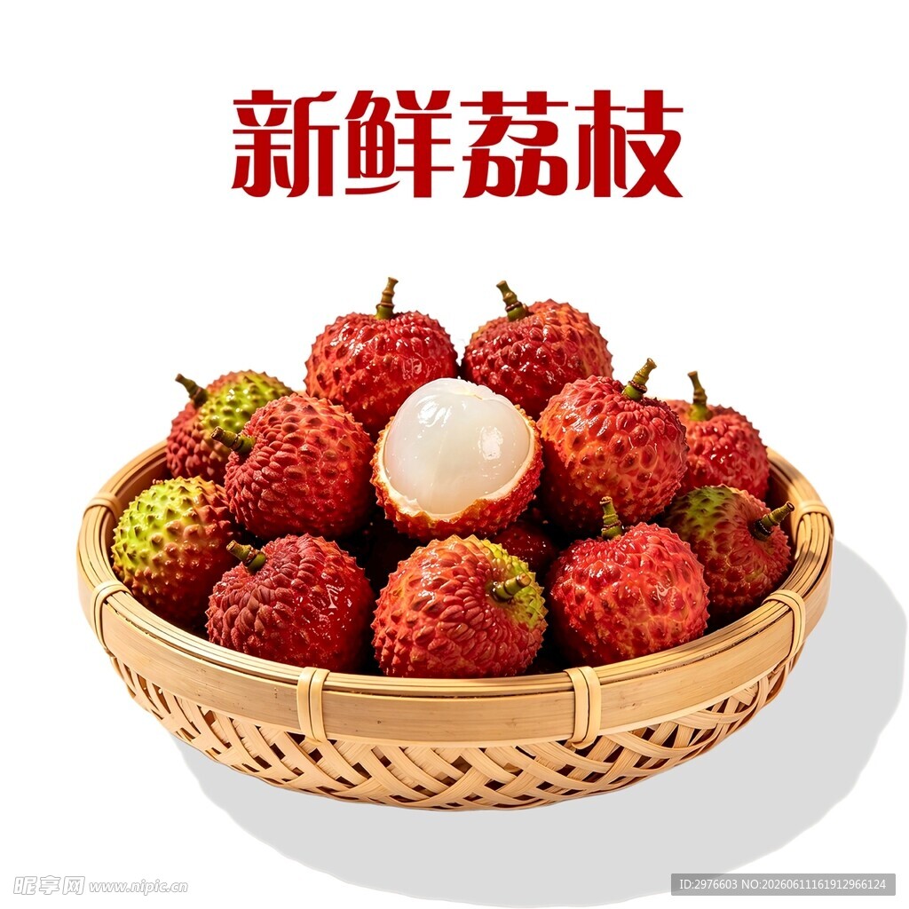 竹篮中的新鲜荔枝