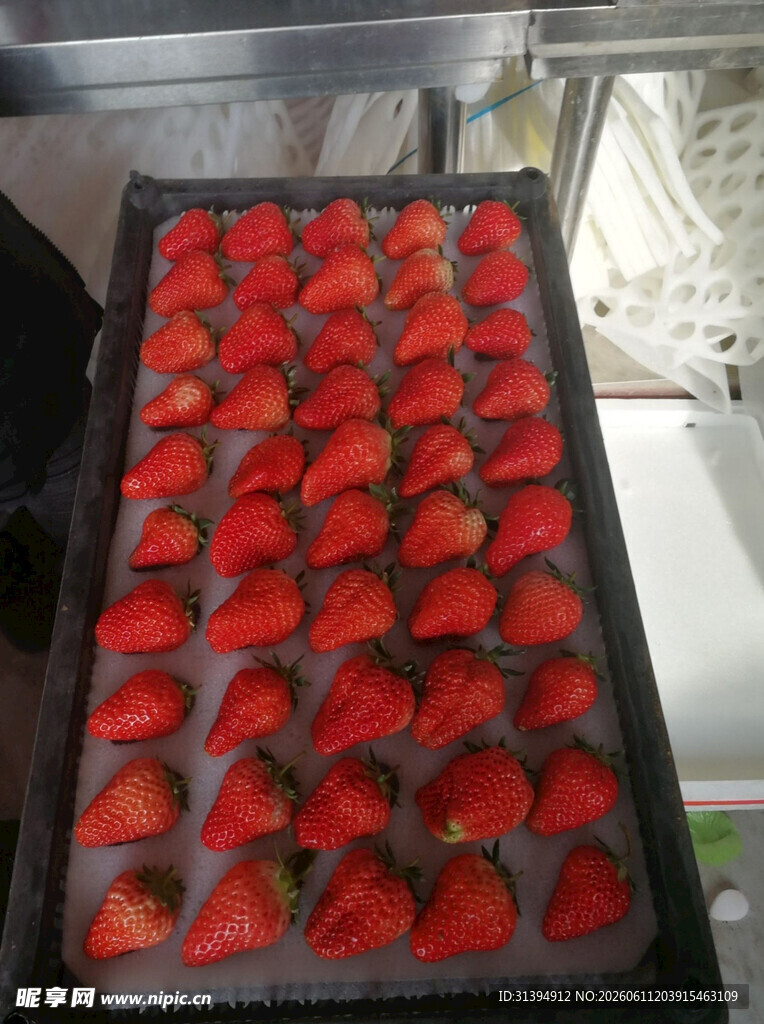 烤盘上整齐排列的草莓