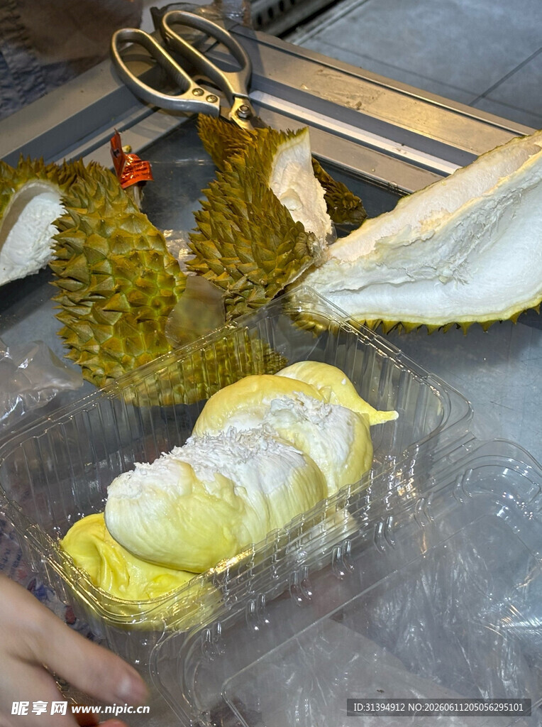 剥开的榴莲果肉展示