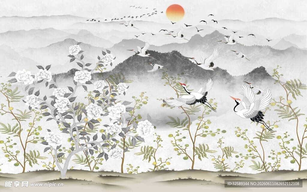 水墨飞鸟山水意境图